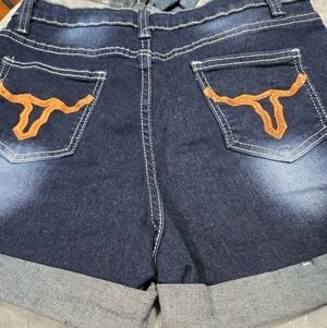 Denim Women's Shorts with Orange Embroidery Cow Skull On Pockets